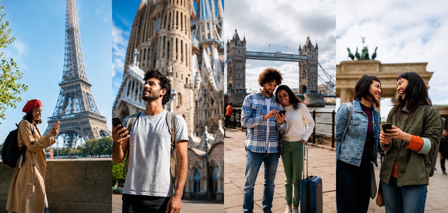 Quatre voyageurs consultent leur téléphone devant la tour Eiffel, la Sagrada Familia, le Tower Bridge et la porte de Brandebourg