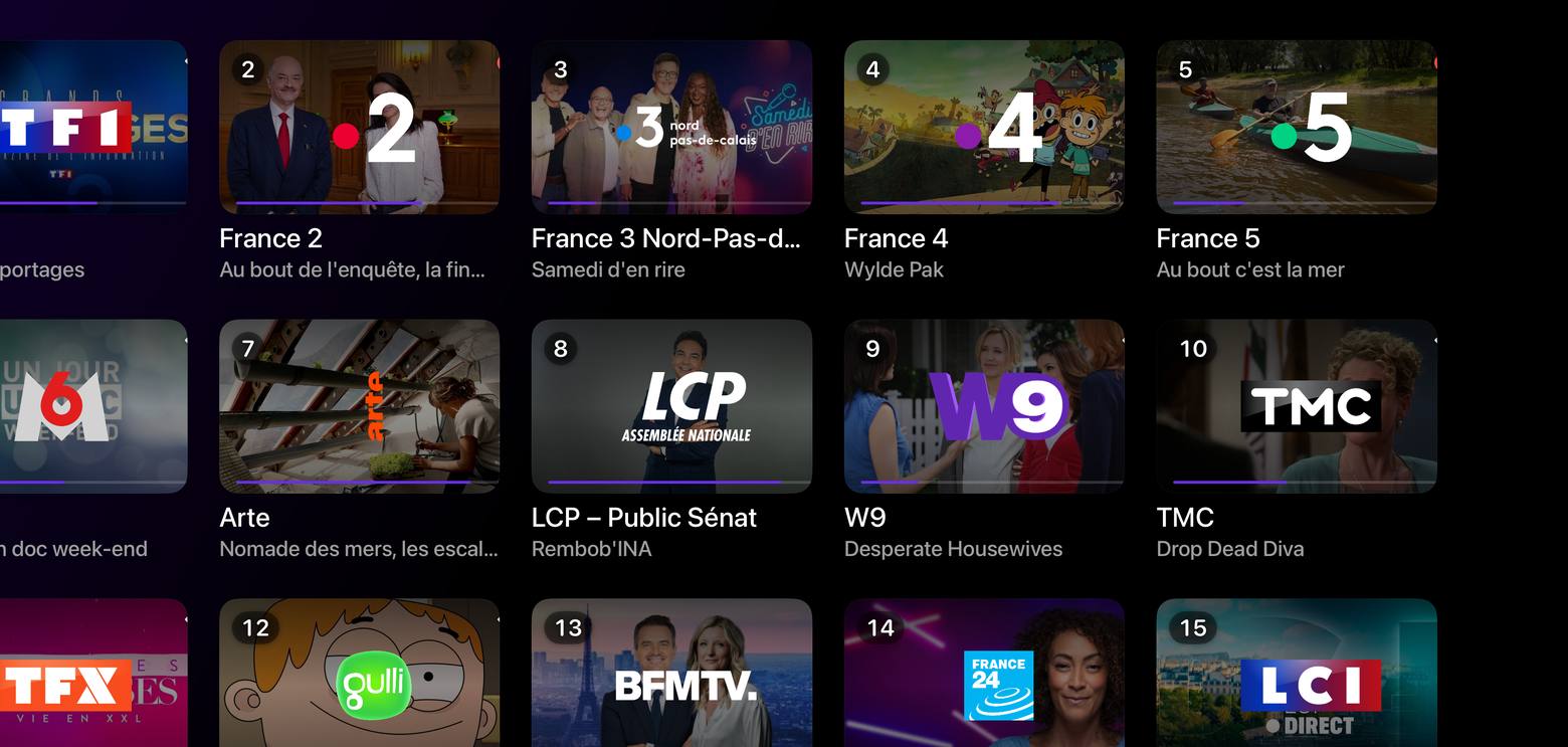 L’application MEOWAN TV : la grille des chaînes de la TNT, numérotées comme sur la télécommande, avec le programme en cours sous chacune